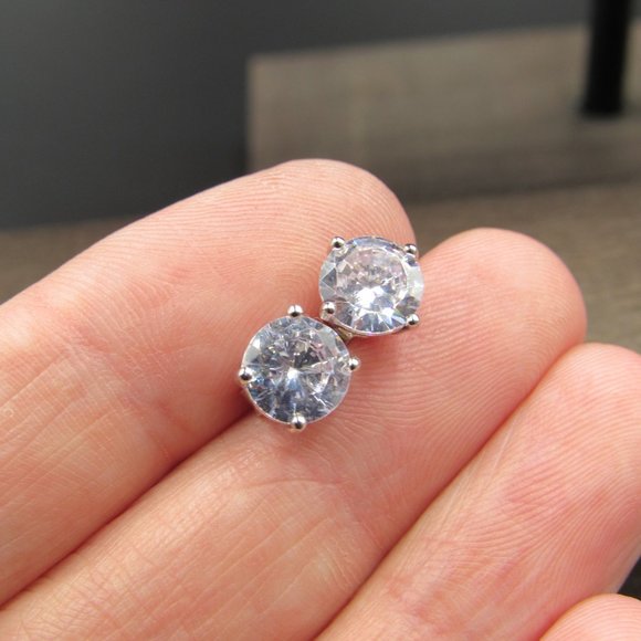 Sterling Round Medium Clear CZ Stud Earrings - Picture 3 of 7